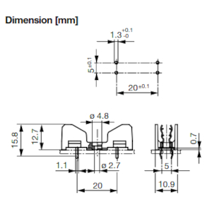 Zekeringhouder voor 5x20mm / 6,3x32 mm Print montage